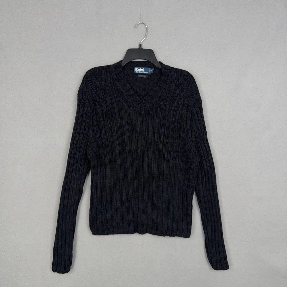 Polo Ralph Lauren Sweater Mens XL Black Ribbed Knit V-Neck 100% Linen Preppy